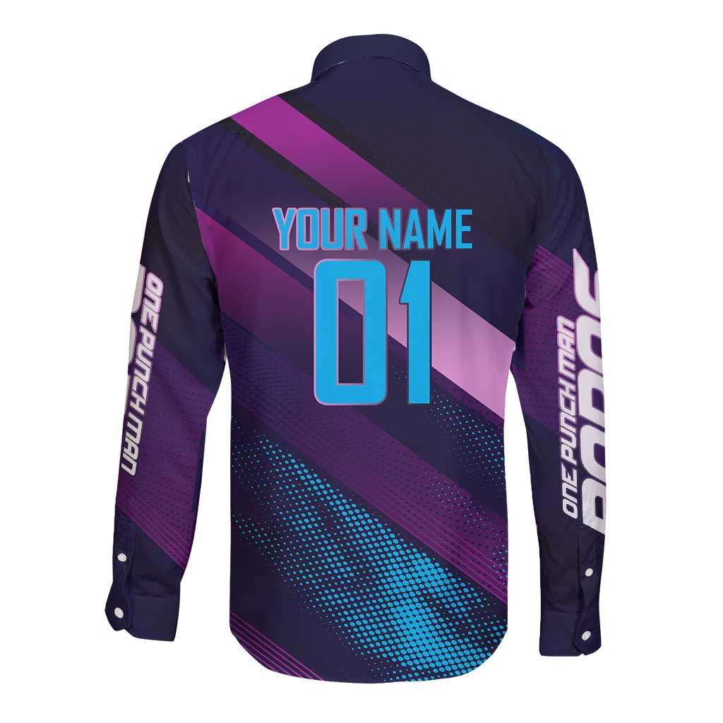 Personalized Boros Volleyball Action Design Long Sleeve Button Shirt With a dynamic sporty style in purple and blue.