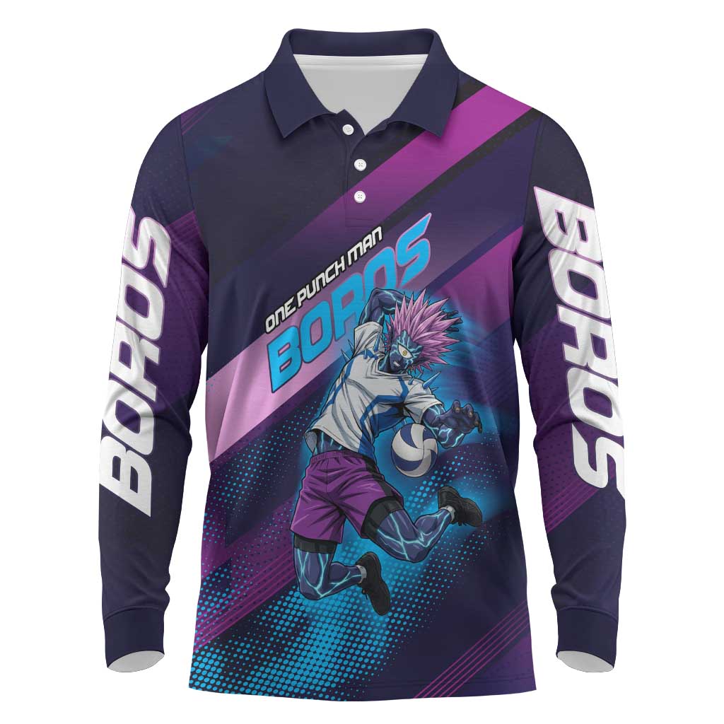 Personalized Boros Volleyball Action Design Long Sleeve Polo Shirt With a dynamic sporty style in purple and blue.