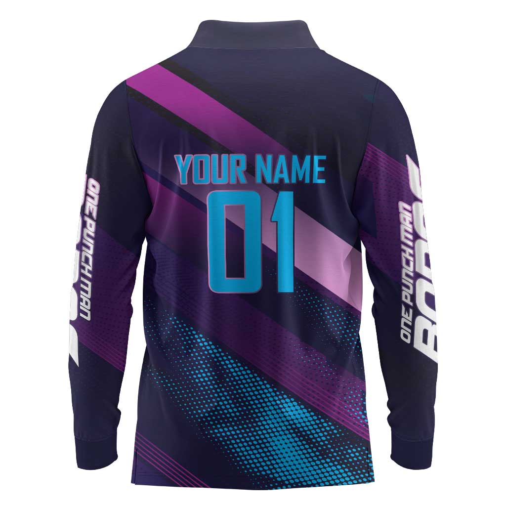 Personalized Boros Volleyball Action Design Long Sleeve Polo Shirt With a dynamic sporty style in purple and blue.