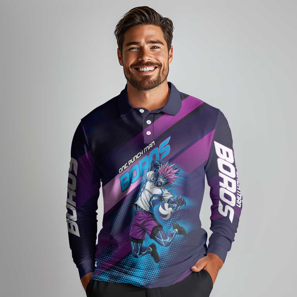 Personalized Boros Volleyball Action Design Long Sleeve Polo Shirt With a dynamic sporty style in purple and blue.