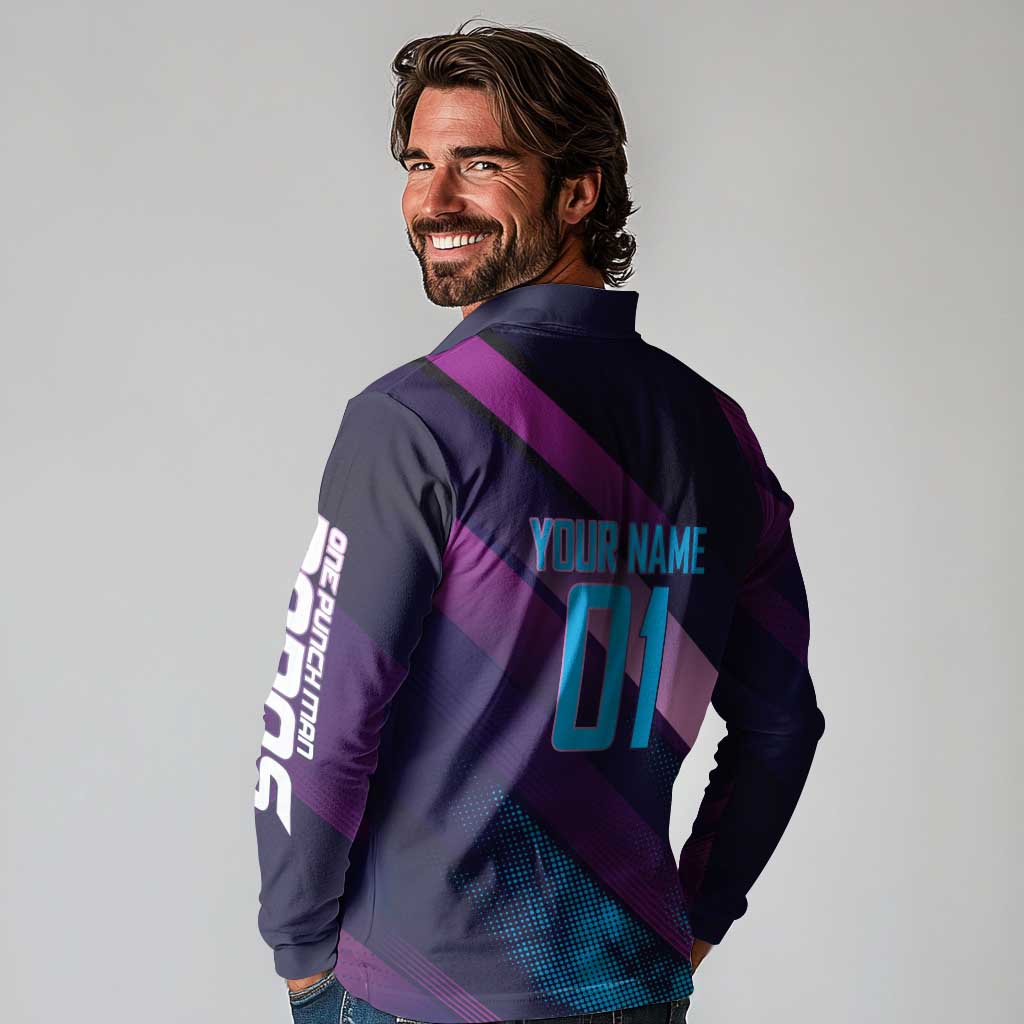 Personalized Boros Volleyball Action Design Long Sleeve Polo Shirt With a dynamic sporty style in purple and blue.