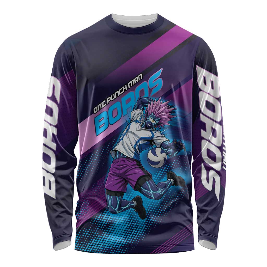 Personalized Boros Volleyball Action Design Long Sleeve Shirt With a dynamic sporty style in purple and blue.
