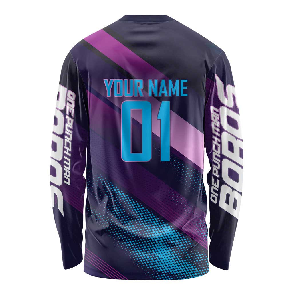 Personalized Boros Volleyball Action Design Long Sleeve Shirt With a dynamic sporty style in purple and blue.