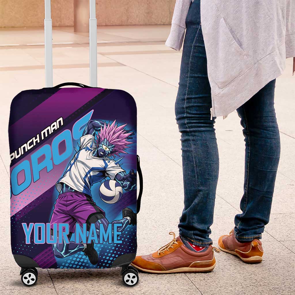 Personalized Boros Volleyball Action Design Luggage Cover With a dynamic sporty style in purple and blue.