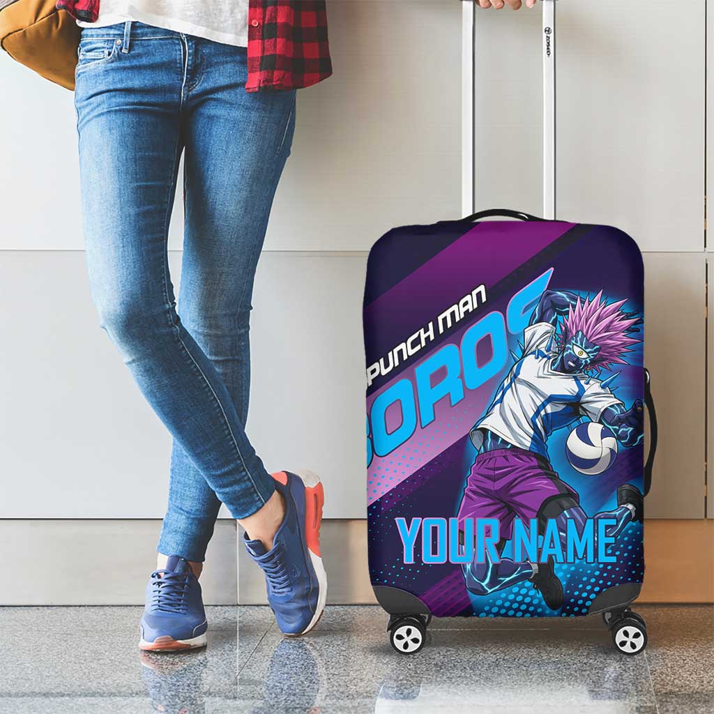 Personalized Boros Volleyball Action Design Luggage Cover With a dynamic sporty style in purple and blue.