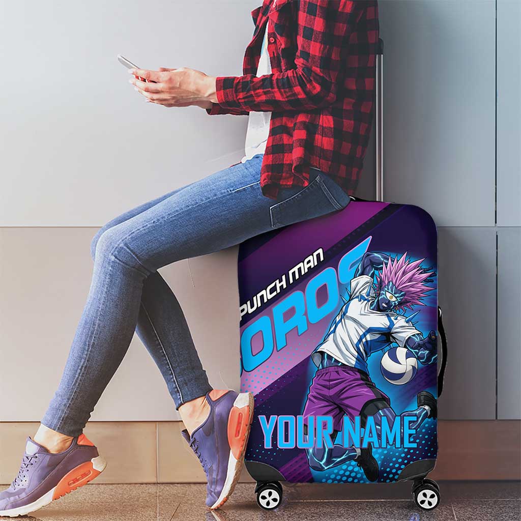 Personalized Boros Volleyball Action Design Luggage Cover With a dynamic sporty style in purple and blue.