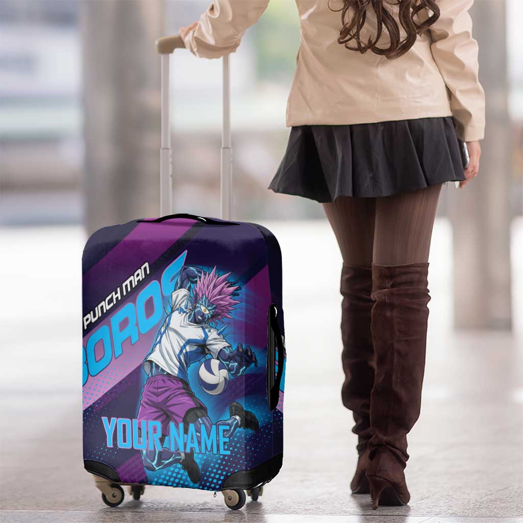 Personalized Boros Volleyball Action Design Luggage Cover With a dynamic sporty style in purple and blue.