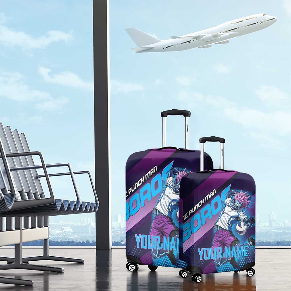 Personalized Boros Volleyball Action Design Luggage Cover With a dynamic sporty style in purple and blue.