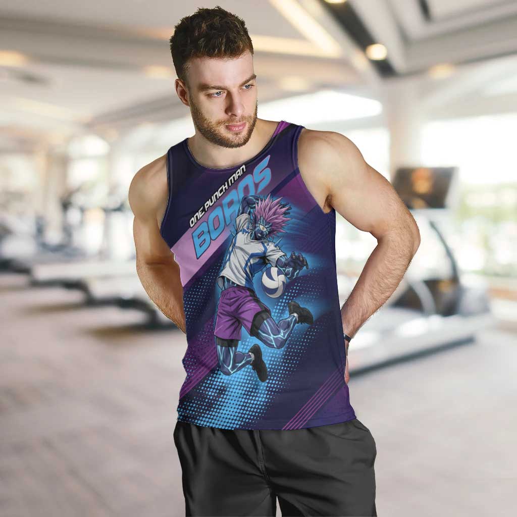 Personalized Boros Volleyball Action Design Men Tank Top With a dynamic sporty style in purple and blue.