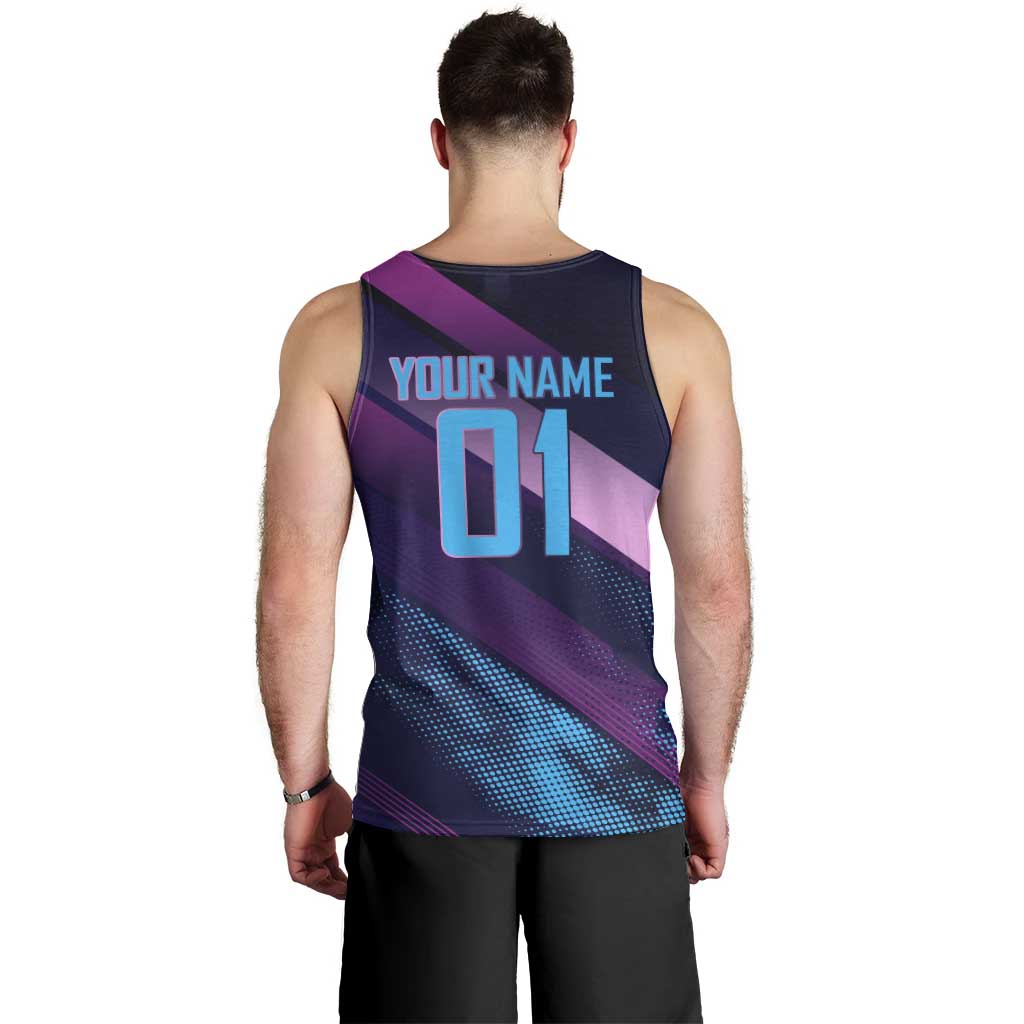 Personalized Boros Volleyball Action Design Men Tank Top With a dynamic sporty style in purple and blue.
