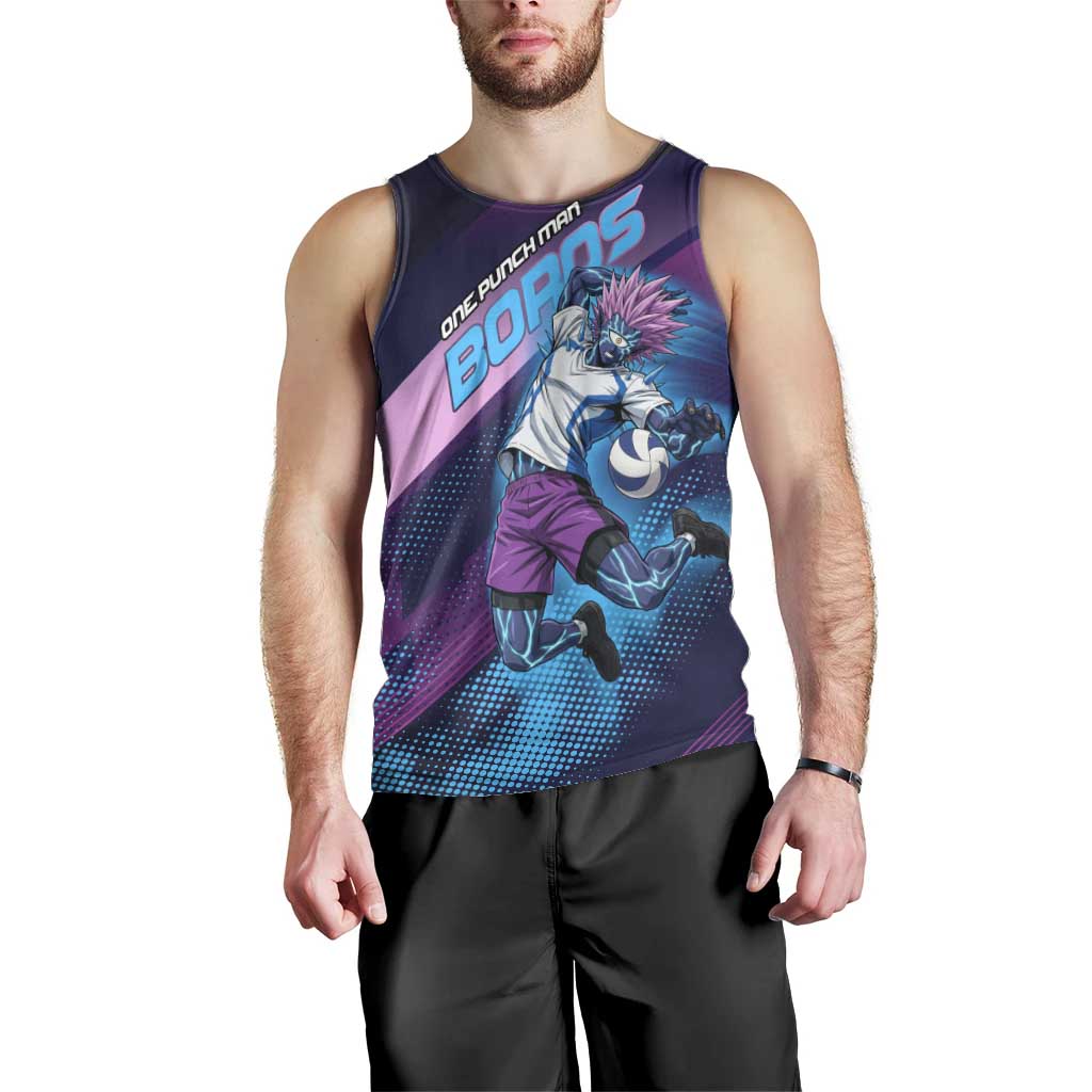 Personalized Boros Volleyball Action Design Men Tank Top With a dynamic sporty style in purple and blue.