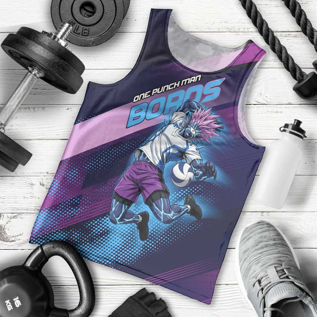 Personalized Boros Volleyball Action Design Men Tank Top With a dynamic sporty style in purple and blue.