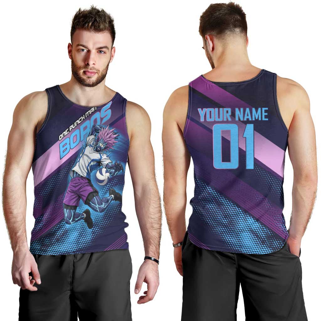 Personalized Boros Volleyball Action Design Men Tank Top With a dynamic sporty style in purple and blue.