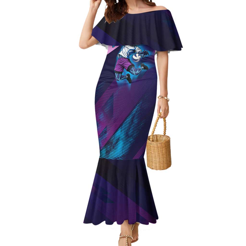Personalized Boros Volleyball Action Design Mermaid Dress With a dynamic sporty style in purple and blue.