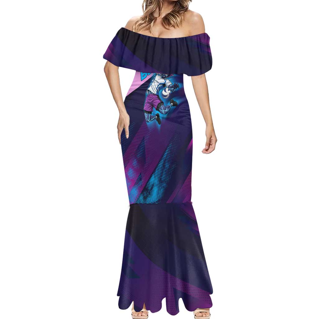 Personalized Boros Volleyball Action Design Mermaid Dress With a dynamic sporty style in purple and blue.