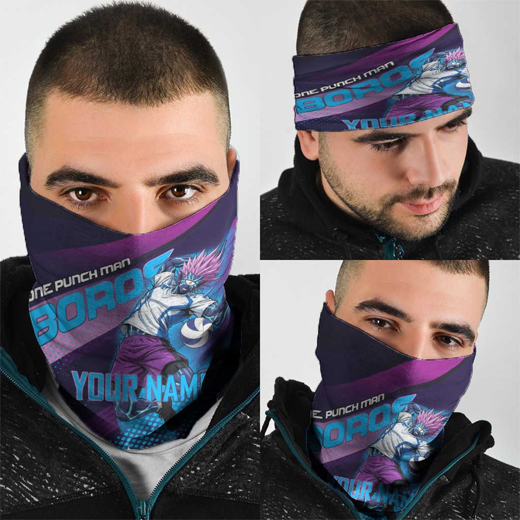 Personalized Boros Volleyball Action Design Neck Gaiter With a dynamic sporty style in purple and blue.