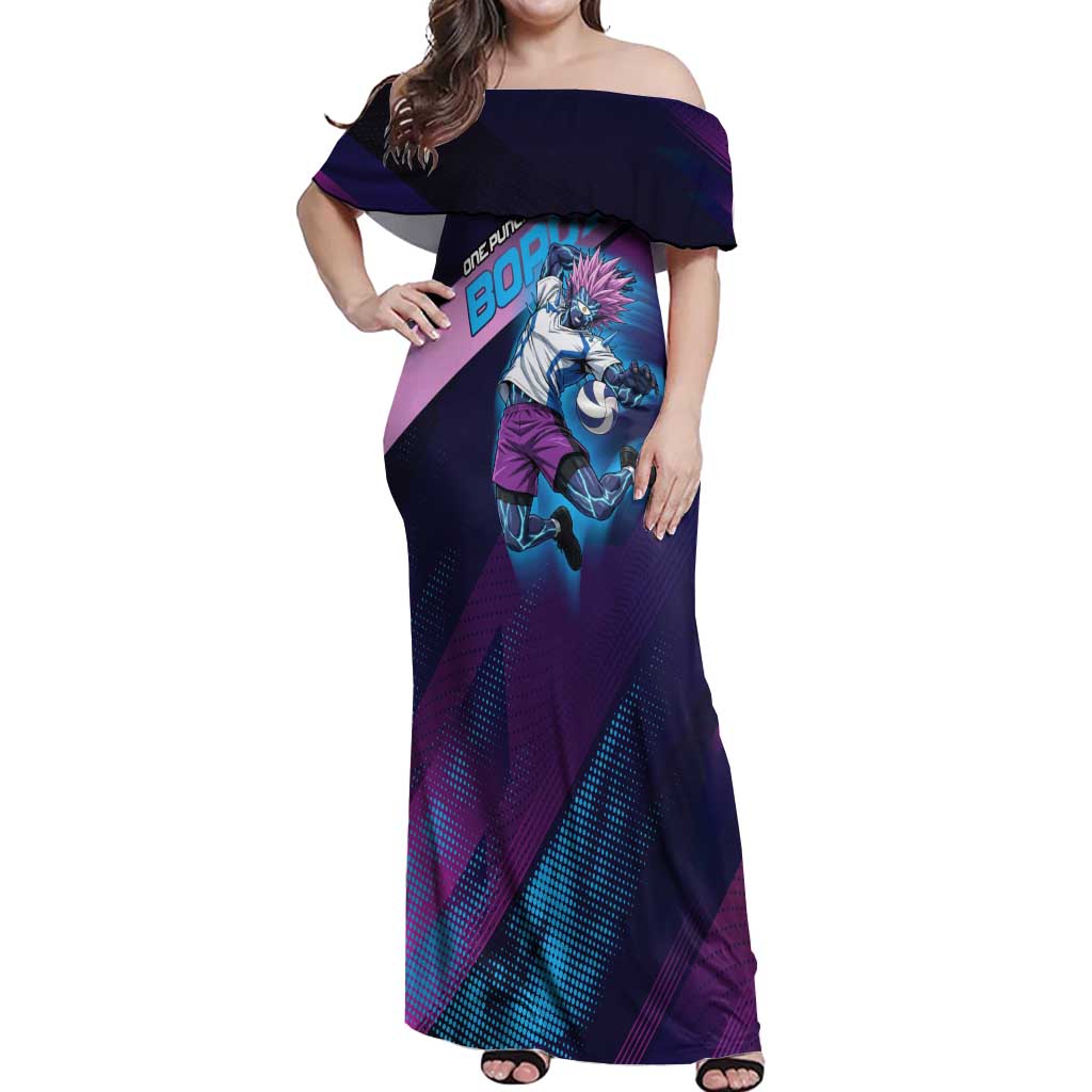 Personalized Boros Volleyball Action Design Off Shoulder Maxi Dress With a dynamic sporty style in purple and blue.