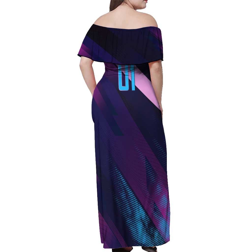 Personalized Boros Volleyball Action Design Off Shoulder Maxi Dress With a dynamic sporty style in purple and blue.