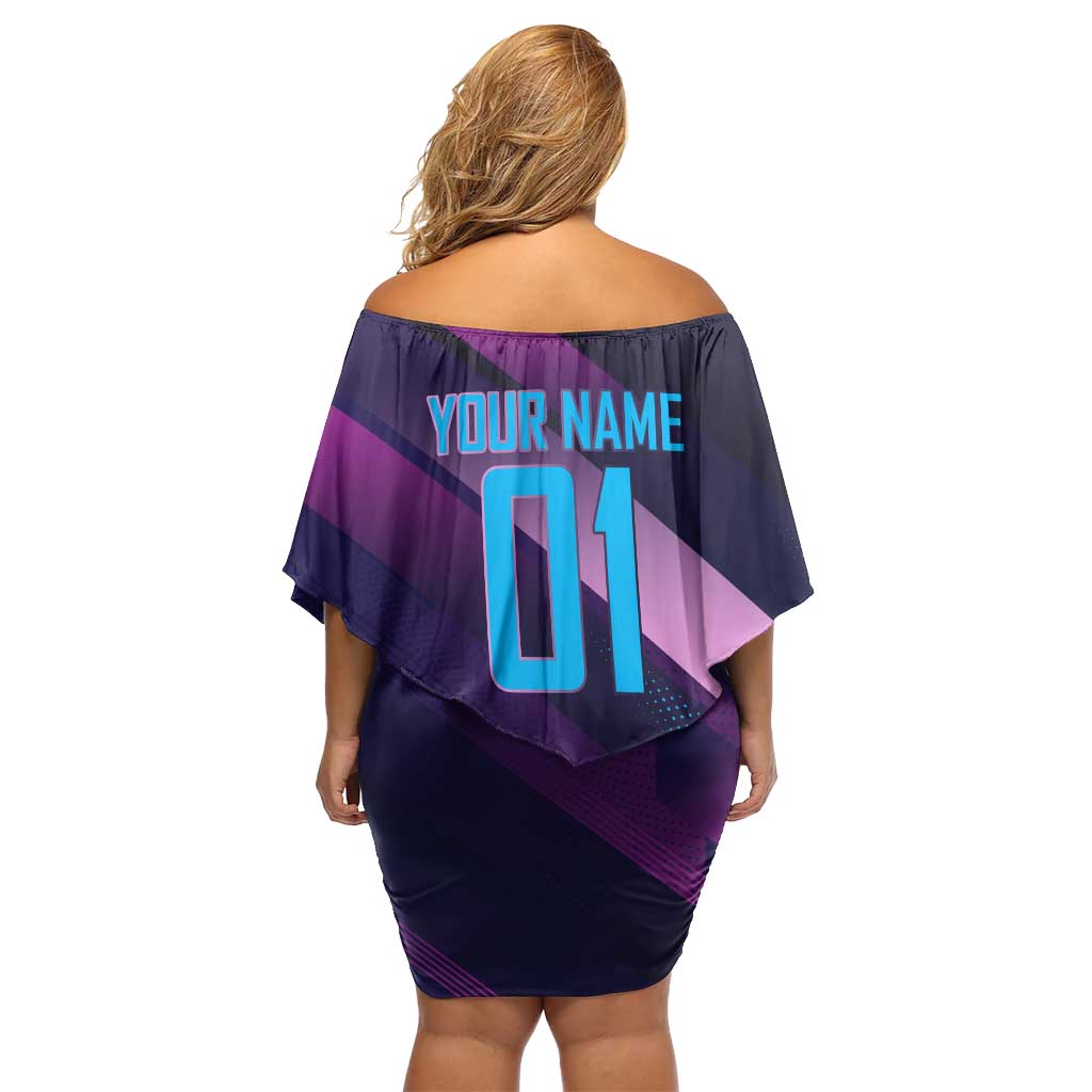 Personalized Boros Volleyball Action Design Off Shoulder Short Dress With a dynamic sporty style in purple and blue.