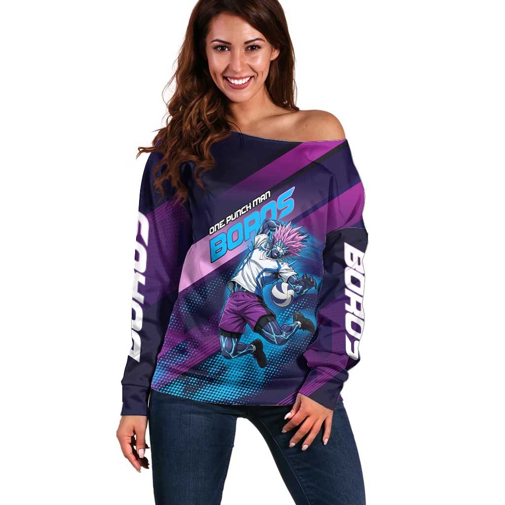 Personalized Boros Volleyball Action Design Off Shoulder Sweater With a dynamic sporty style in purple and blue.