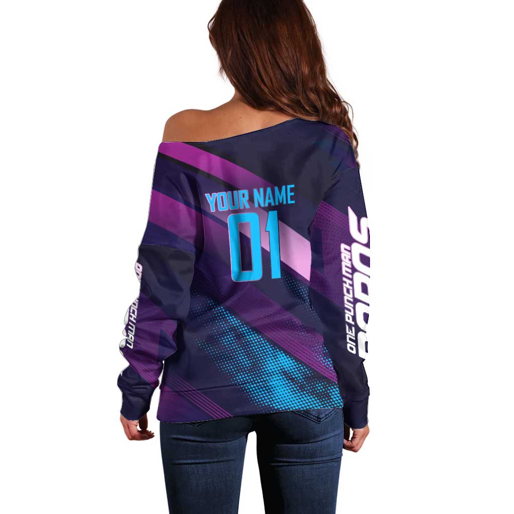 Personalized Boros Volleyball Action Design Off Shoulder Sweater With a dynamic sporty style in purple and blue.