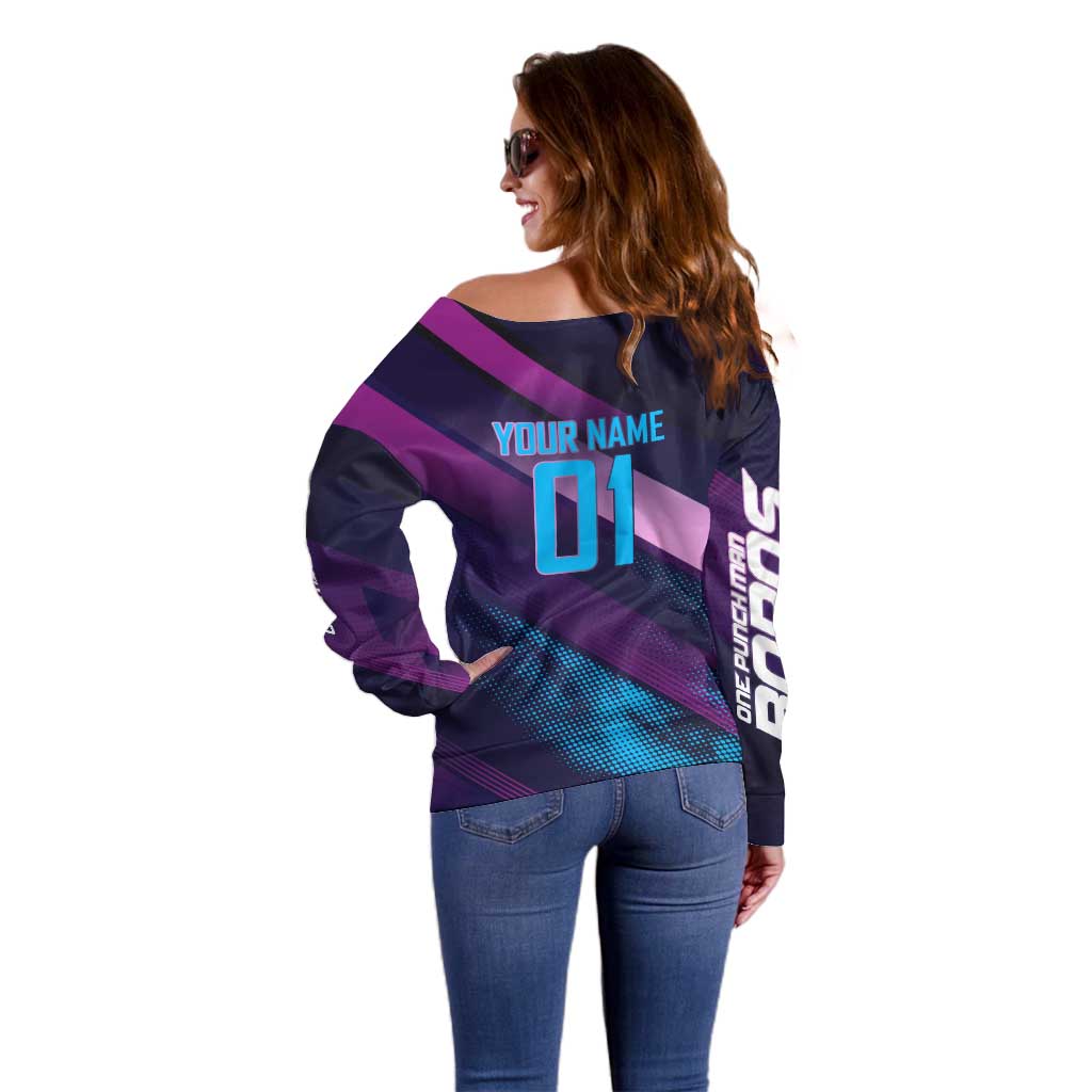 Personalized Boros Volleyball Action Design Off Shoulder Sweater With a dynamic sporty style in purple and blue.