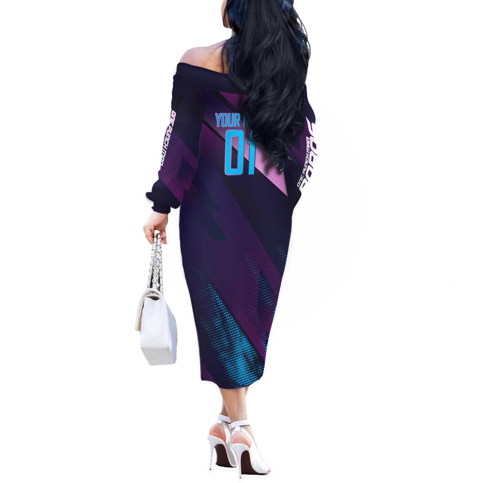 Personalized Boros Volleyball Action Design Off The Shoulder Long Sleeve Dress With a dynamic sporty style in purple and blue.