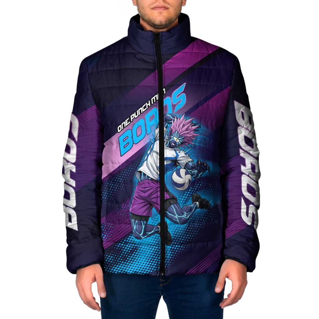 Personalized Boros Volleyball Action Design Padded Jacket With a dynamic sporty style in purple and blue.