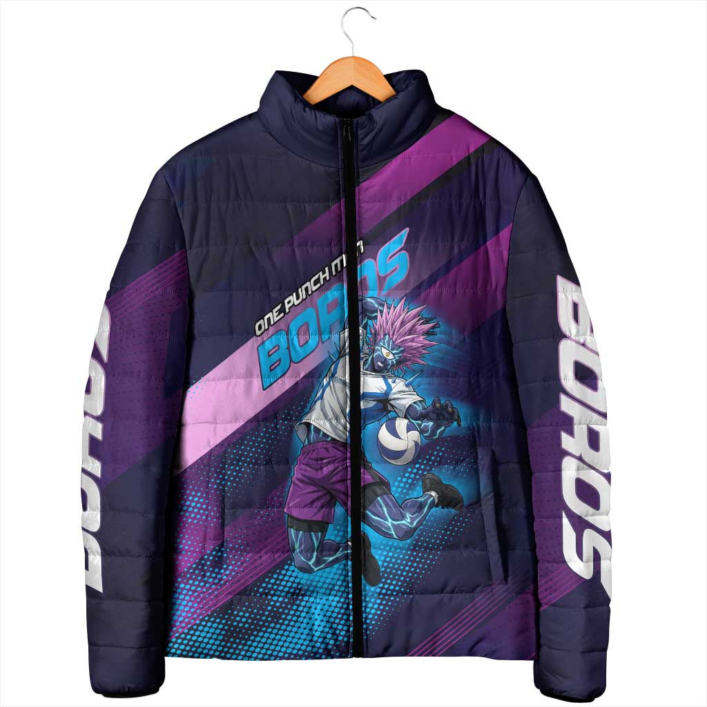 Personalized Boros Volleyball Action Design Padded Jacket With a dynamic sporty style in purple and blue.