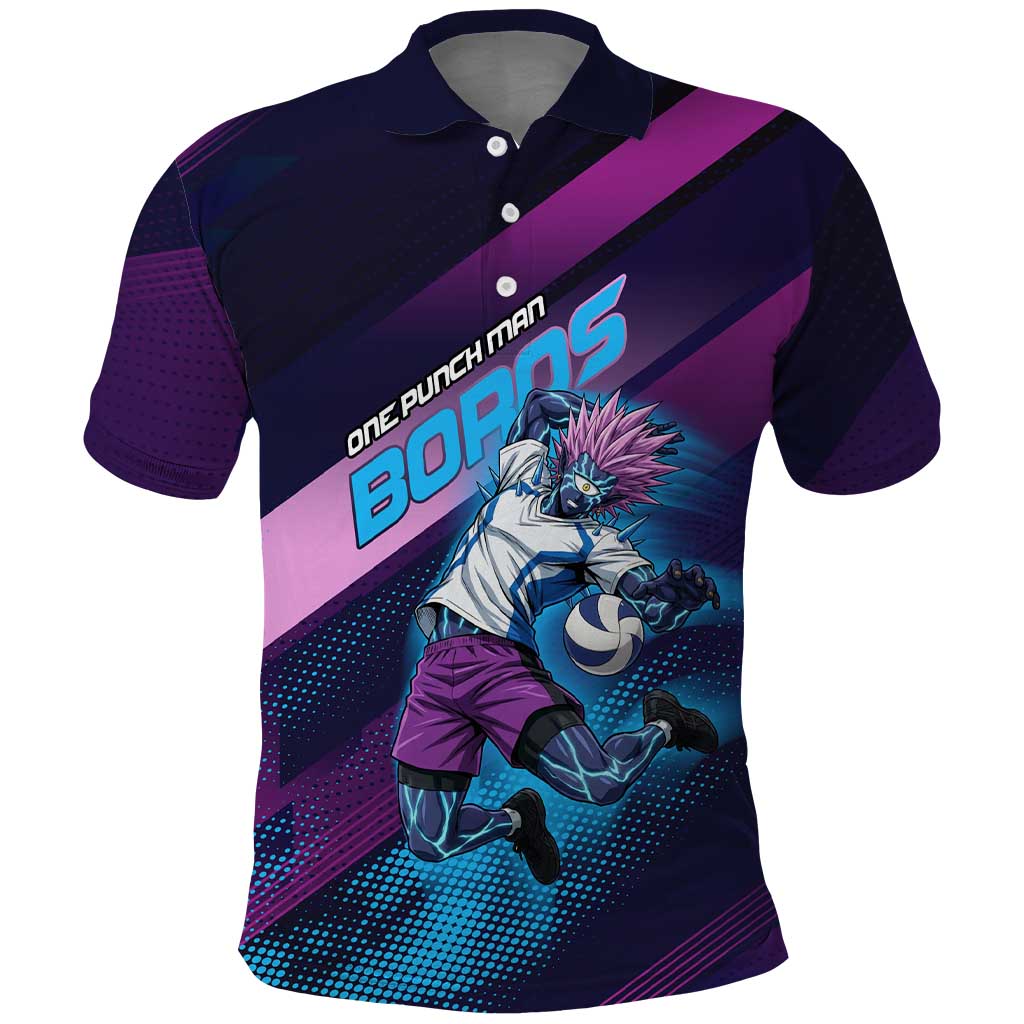 Personalized Boros Volleyball Action Design Polo Shirt With a dynamic sporty style in purple and blue.
