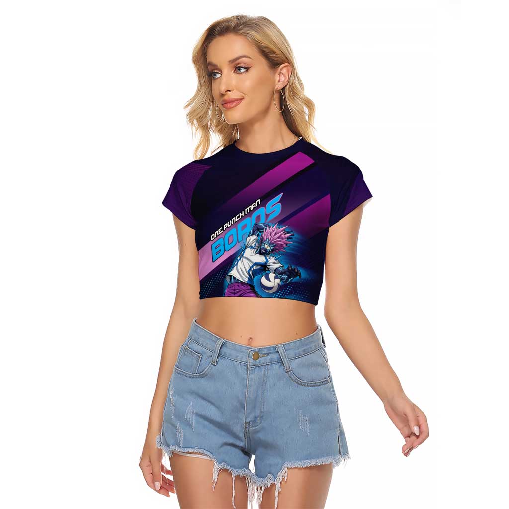Personalized Boros Volleyball Action Design Raglan Cropped T Shirt With a dynamic sporty style in purple and blue.