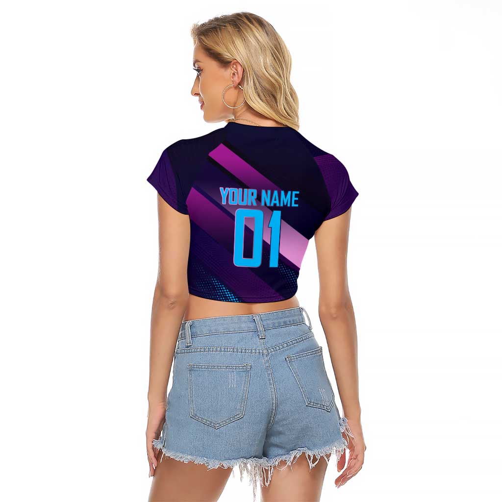 Personalized Boros Volleyball Action Design Raglan Cropped T Shirt With a dynamic sporty style in purple and blue.