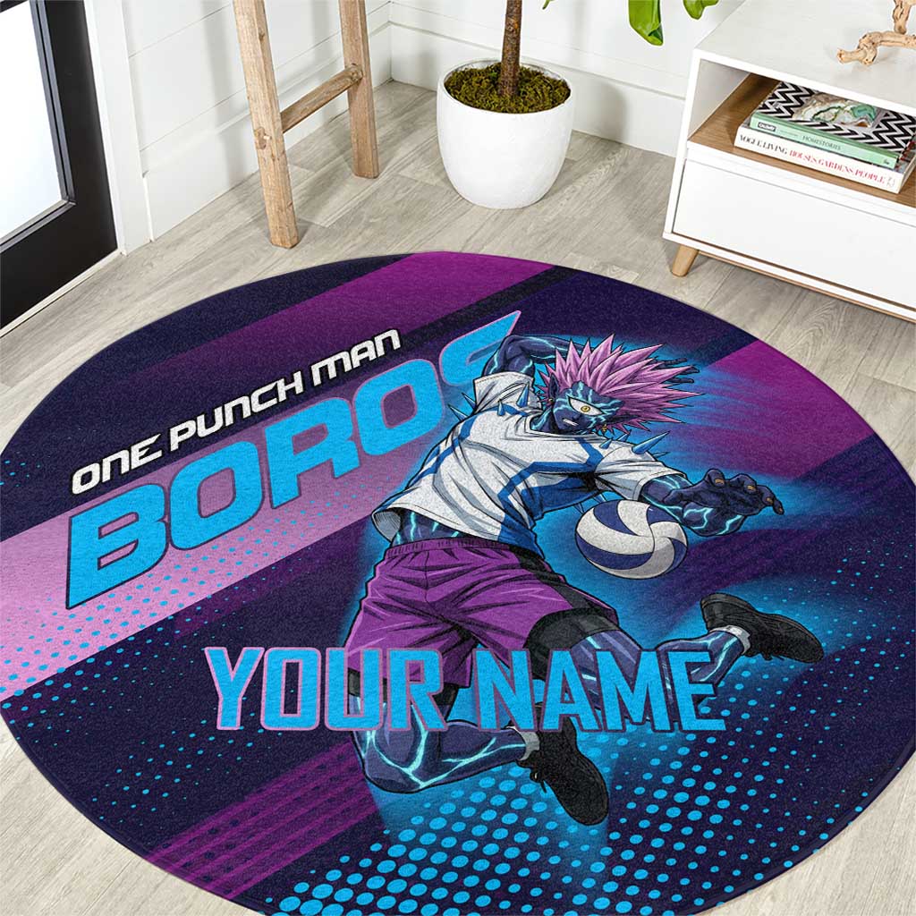 Personalized Boros Volleyball Action Design Round Carpet With a dynamic sporty style in purple and blue.