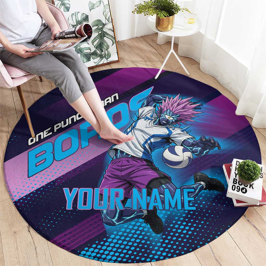 Personalized Boros Volleyball Action Design Round Carpet With a dynamic sporty style in purple and blue.