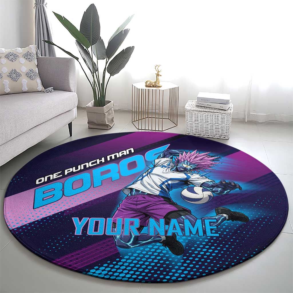 Personalized Boros Volleyball Action Design Round Carpet With a dynamic sporty style in purple and blue.