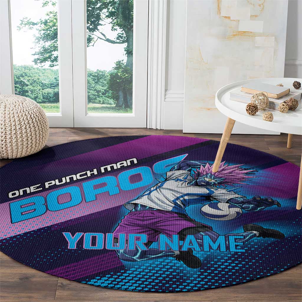 Personalized Boros Volleyball Action Design Round Carpet With a dynamic sporty style in purple and blue.