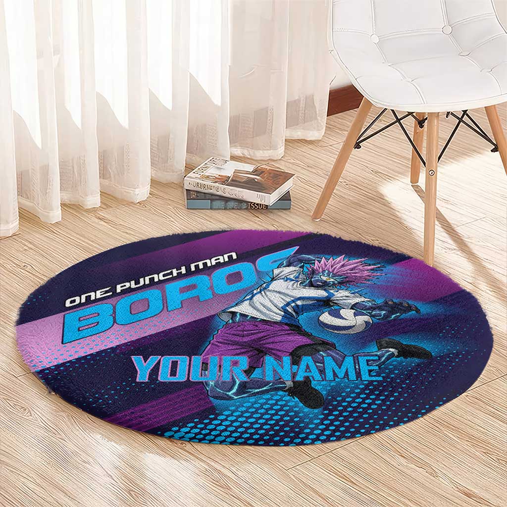 Personalized Boros Volleyball Action Design Round Carpet With a dynamic sporty style in purple and blue.
