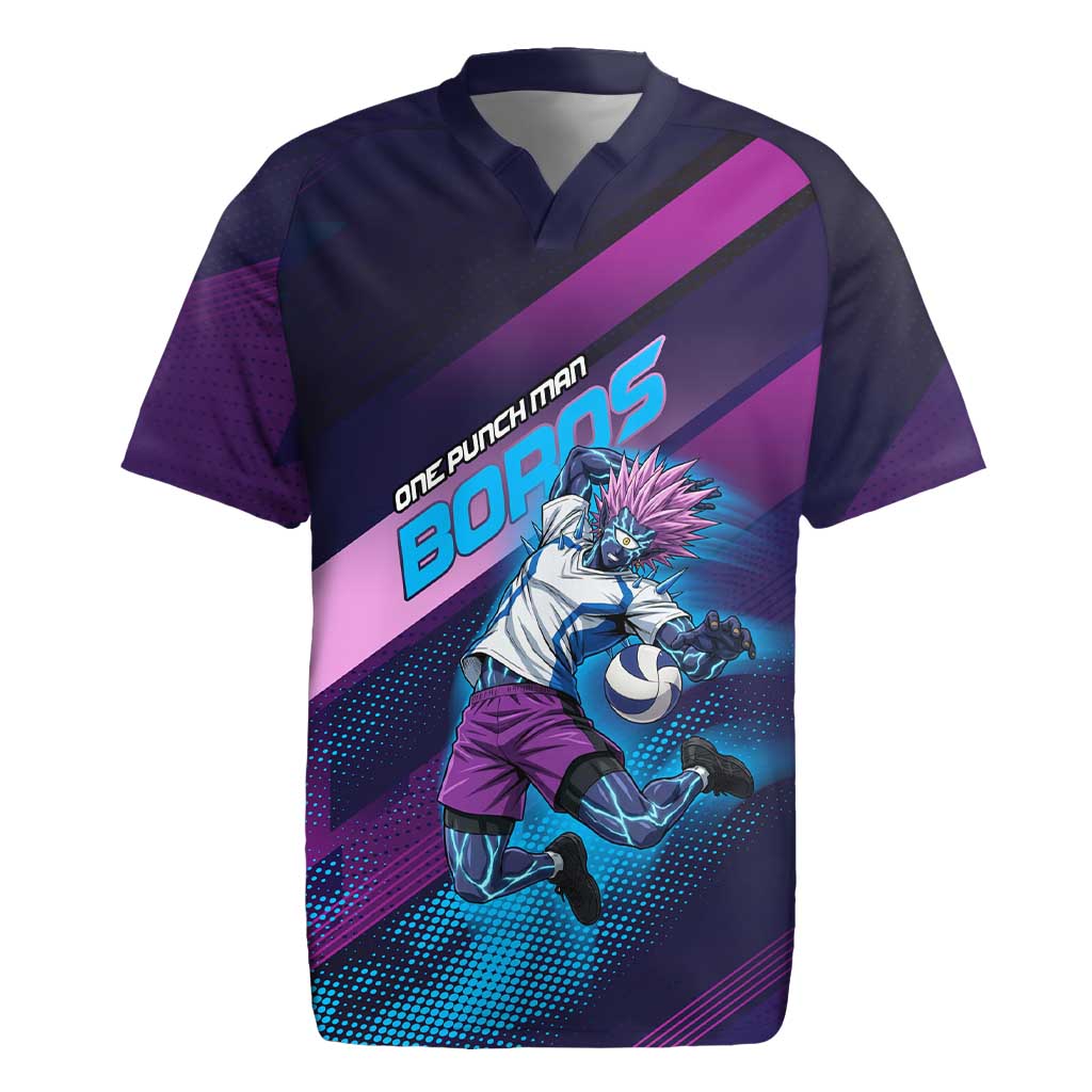 Personalized Boros Volleyball Action Design Rugby Jersey With a dynamic sporty style in purple and blue.