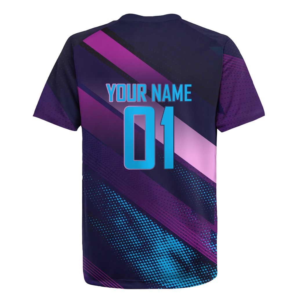 Personalized Boros Volleyball Action Design Rugby Jersey With a dynamic sporty style in purple and blue.
