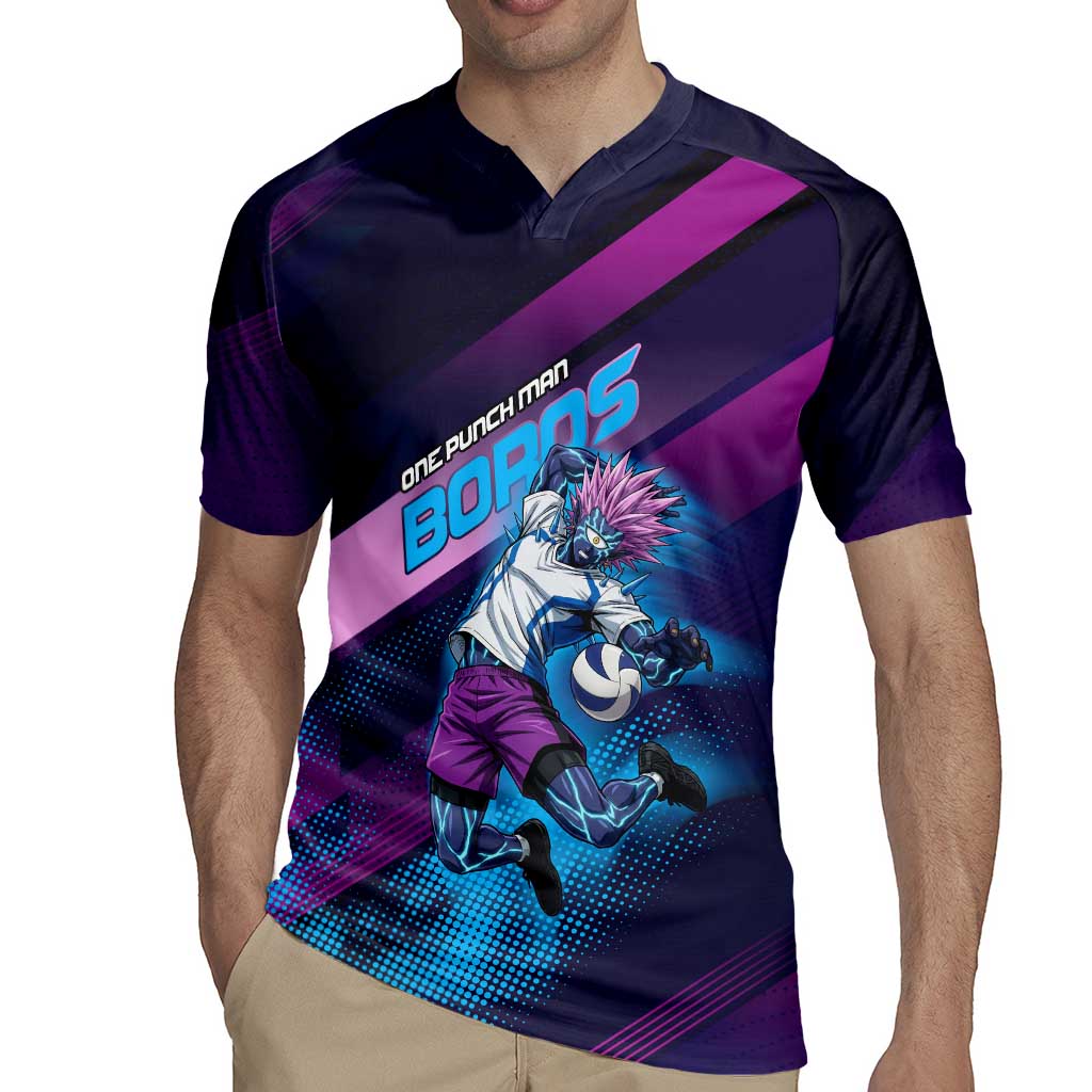 Personalized Boros Volleyball Action Design Rugby Jersey With a dynamic sporty style in purple and blue.