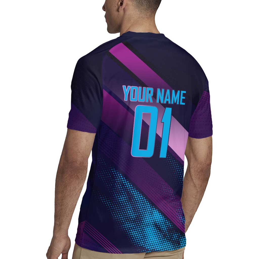 Personalized Boros Volleyball Action Design Rugby Jersey With a dynamic sporty style in purple and blue.