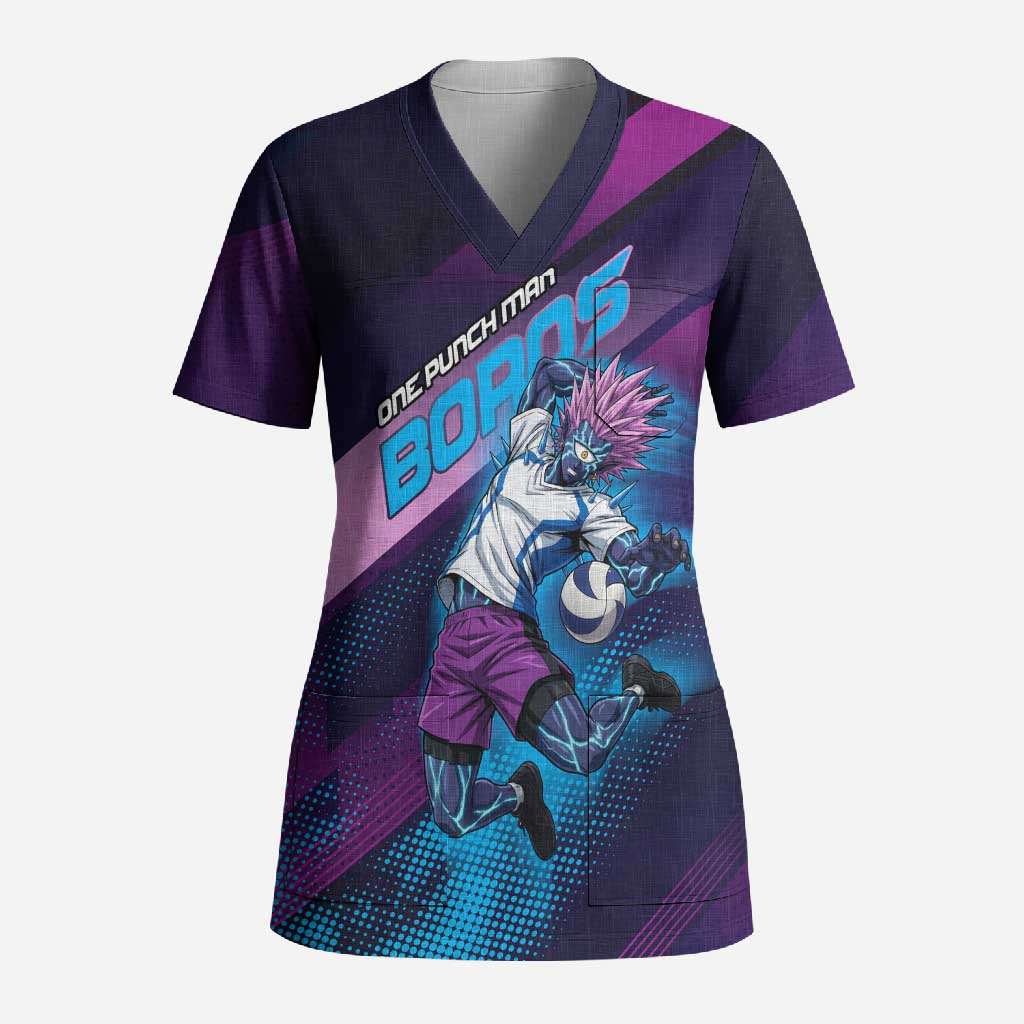 Personalized Boros Volleyball Action Design Scrub Top With a dynamic sporty style in purple and blue.