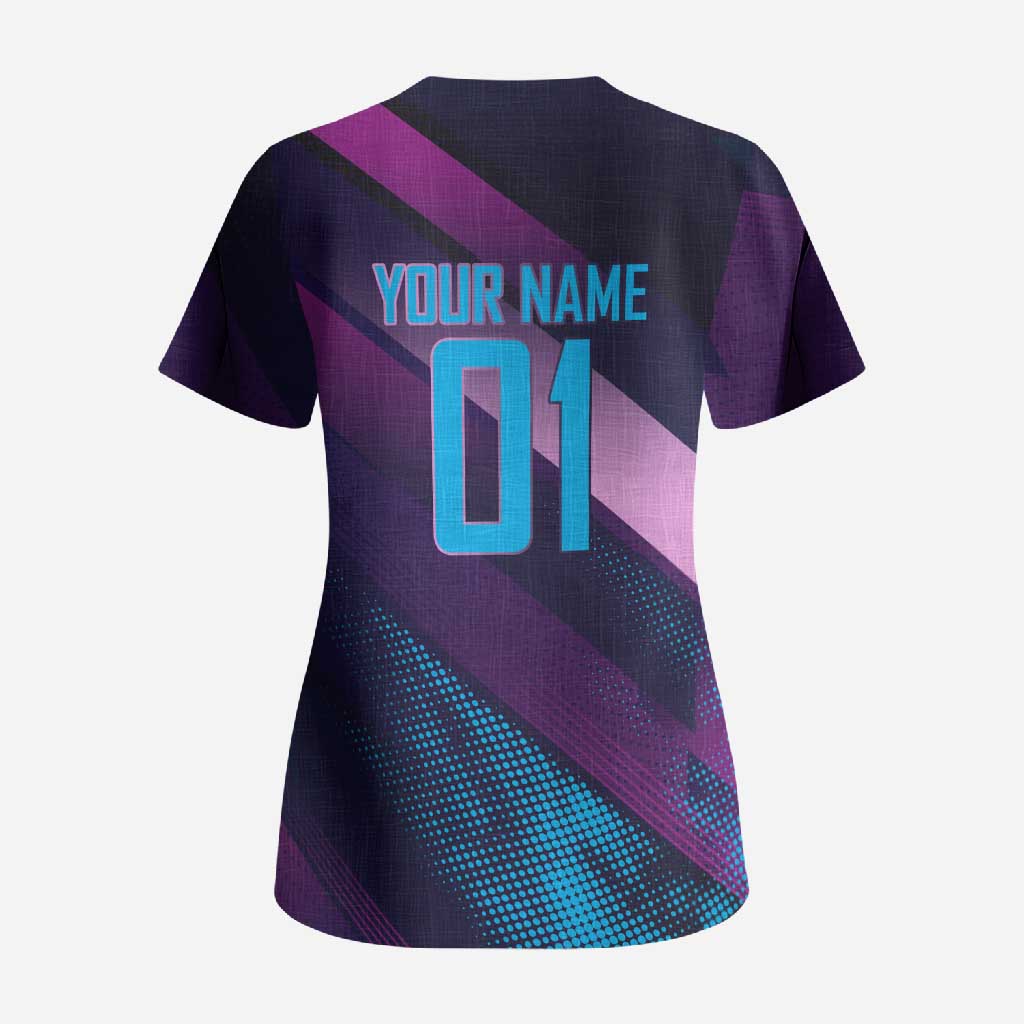 Personalized Boros Volleyball Action Design Scrub Top With a dynamic sporty style in purple and blue.