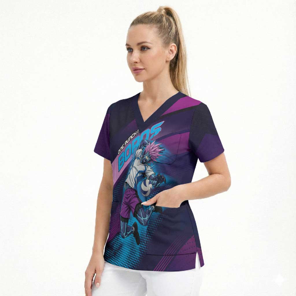 Personalized Boros Volleyball Action Design Scrub Top With a dynamic sporty style in purple and blue.