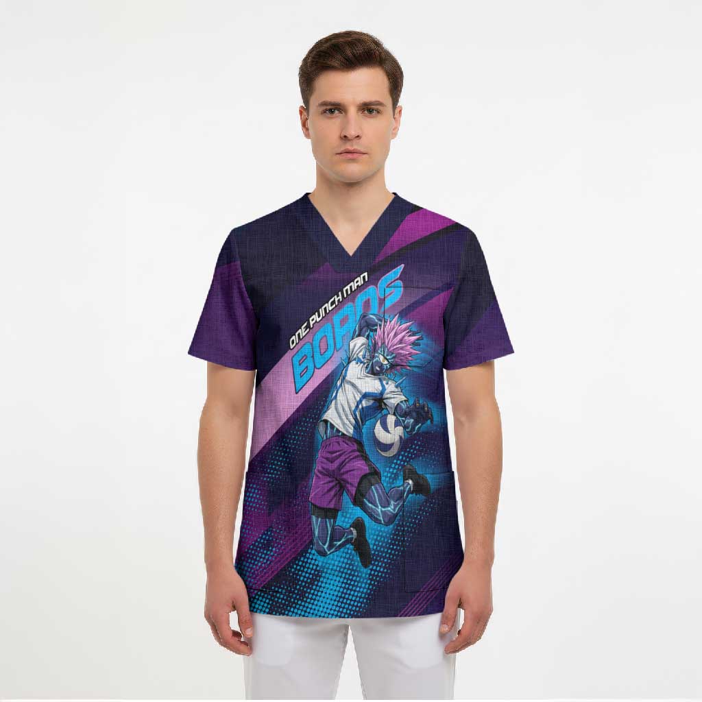 Personalized Boros Volleyball Action Design Scrub Top With a dynamic sporty style in purple and blue.