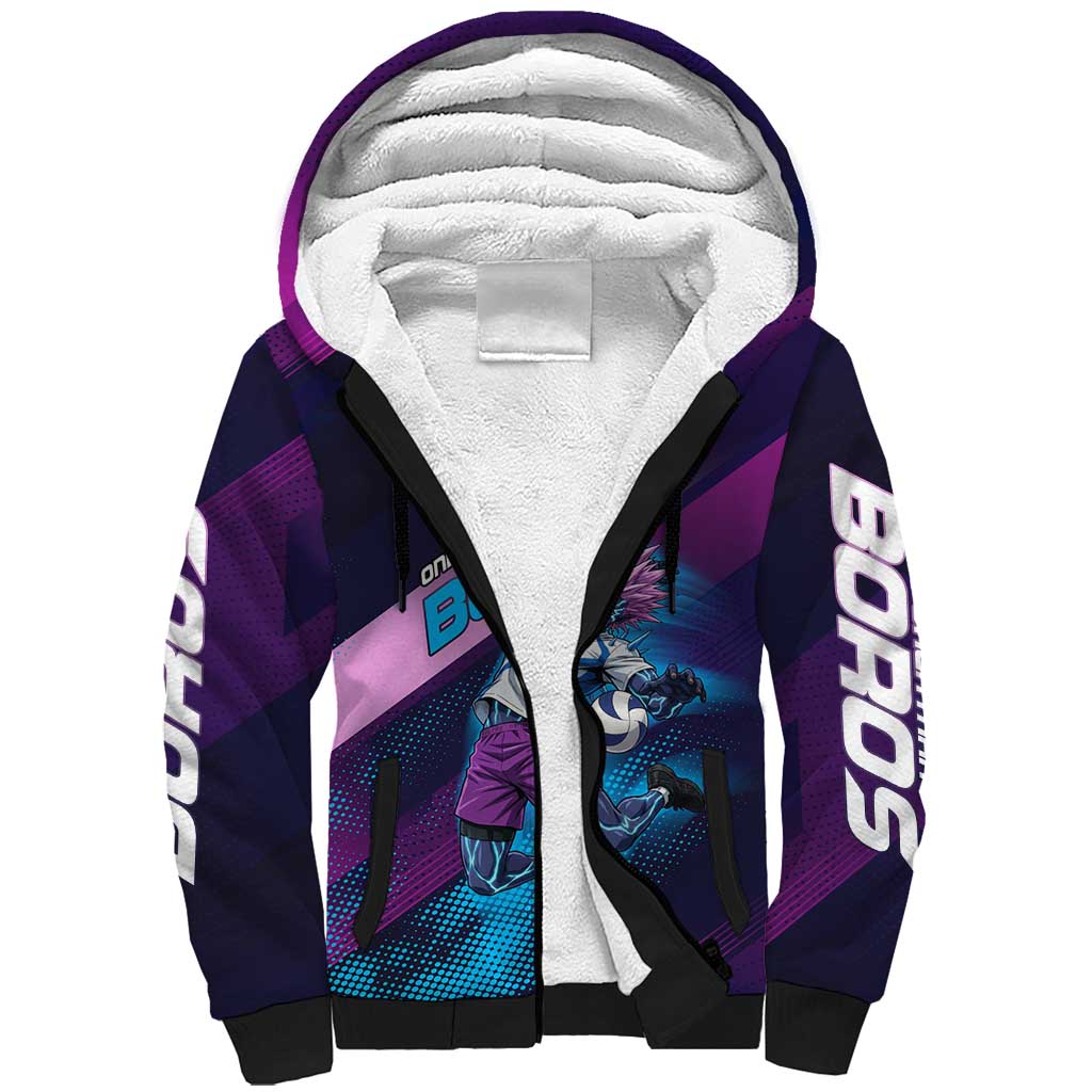 Personalized Boros Volleyball Action Design Sherpa Hoodie With a dynamic sporty style in purple and blue.