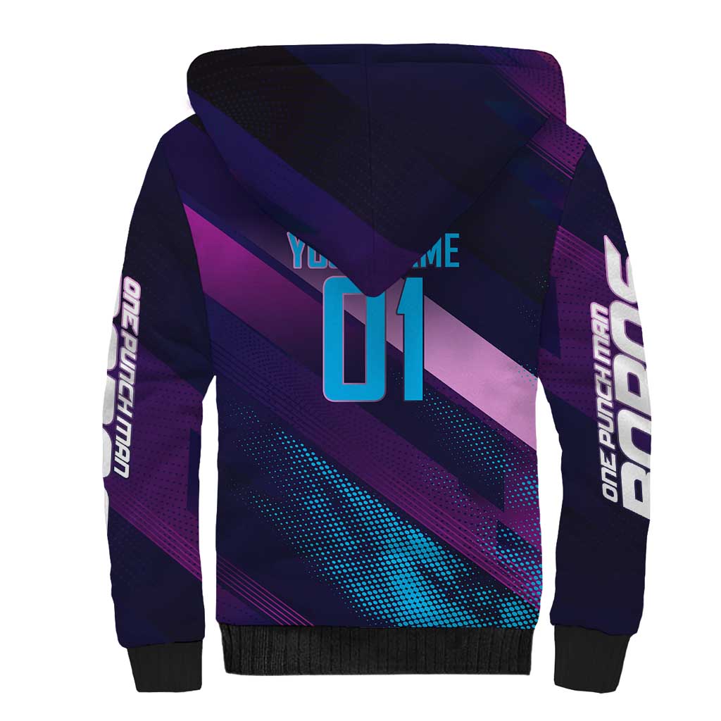 Personalized Boros Volleyball Action Design Sherpa Hoodie With a dynamic sporty style in purple and blue.