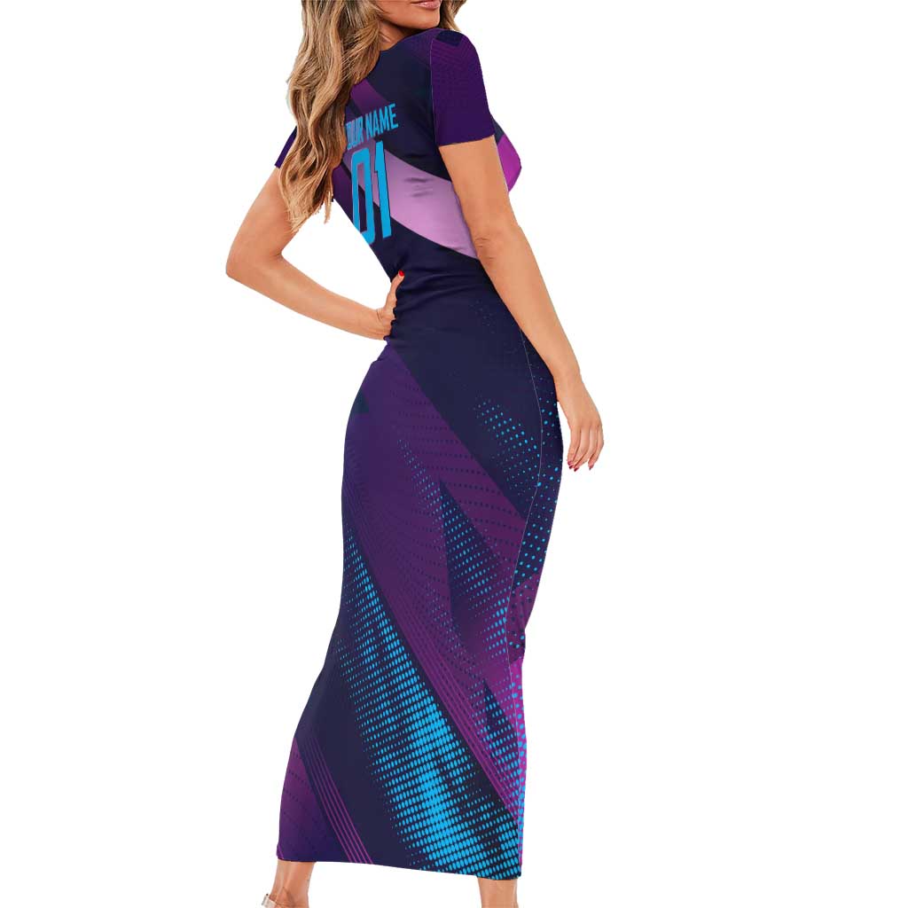 Personalized Boros Volleyball Action Design Short Sleeve Bodycon Dress With a dynamic sporty style in purple and blue.