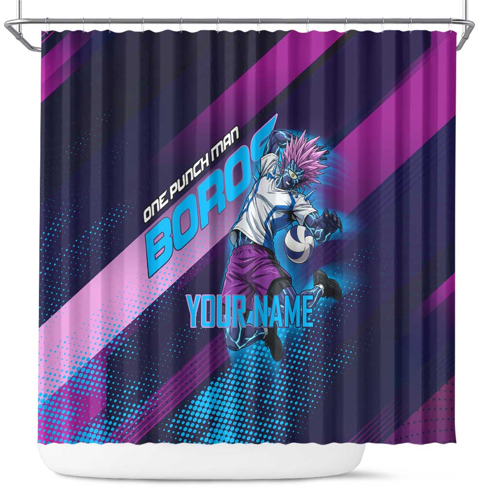 Personalized Boros Volleyball Action Design Shower Curtain With a dynamic sporty style in purple and blue.