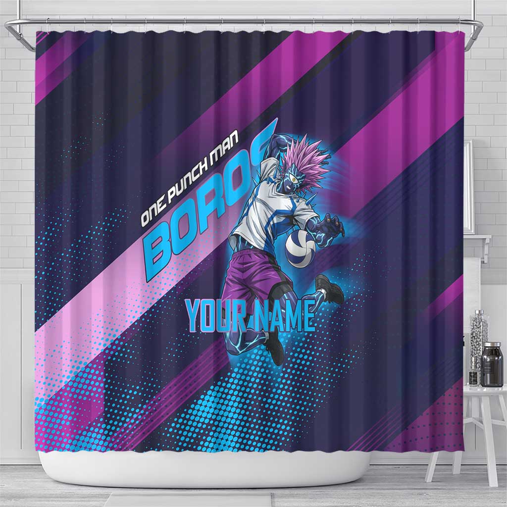 Personalized Boros Volleyball Action Design Shower Curtain With a dynamic sporty style in purple and blue.